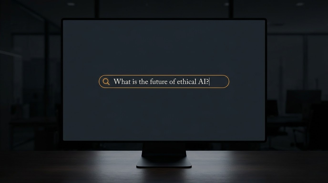 Desktop monitor displaying a search bar with a question being typed, dark background with screen glow — representing the questions businesses ask about findability and AI visibility