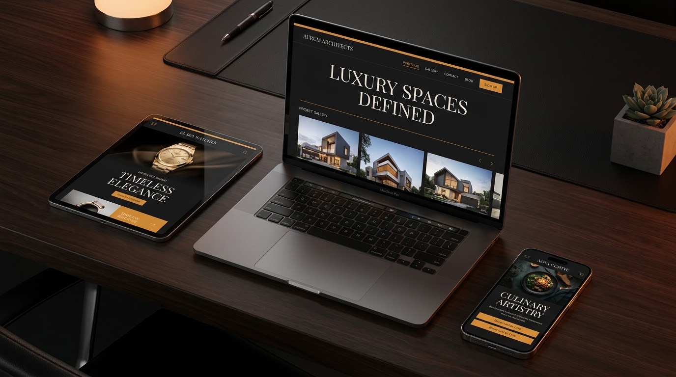 Three devices — laptop, tablet, and phone — each displaying a different professional website, arranged on a dark desk as a portfolio spread