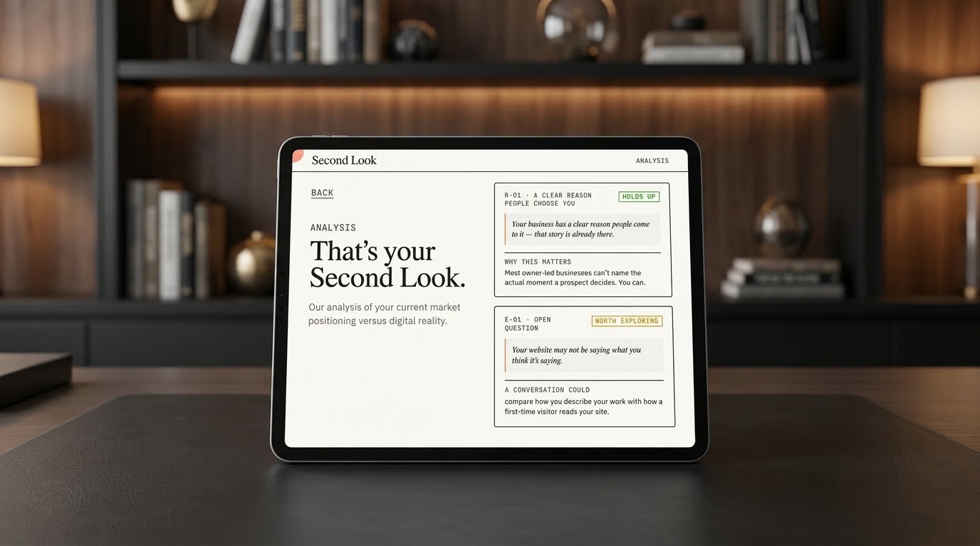 Second Look diagnostic results displayed on a tablet, showing analysis cards with Holds Up and Worth Exploring findings for a business