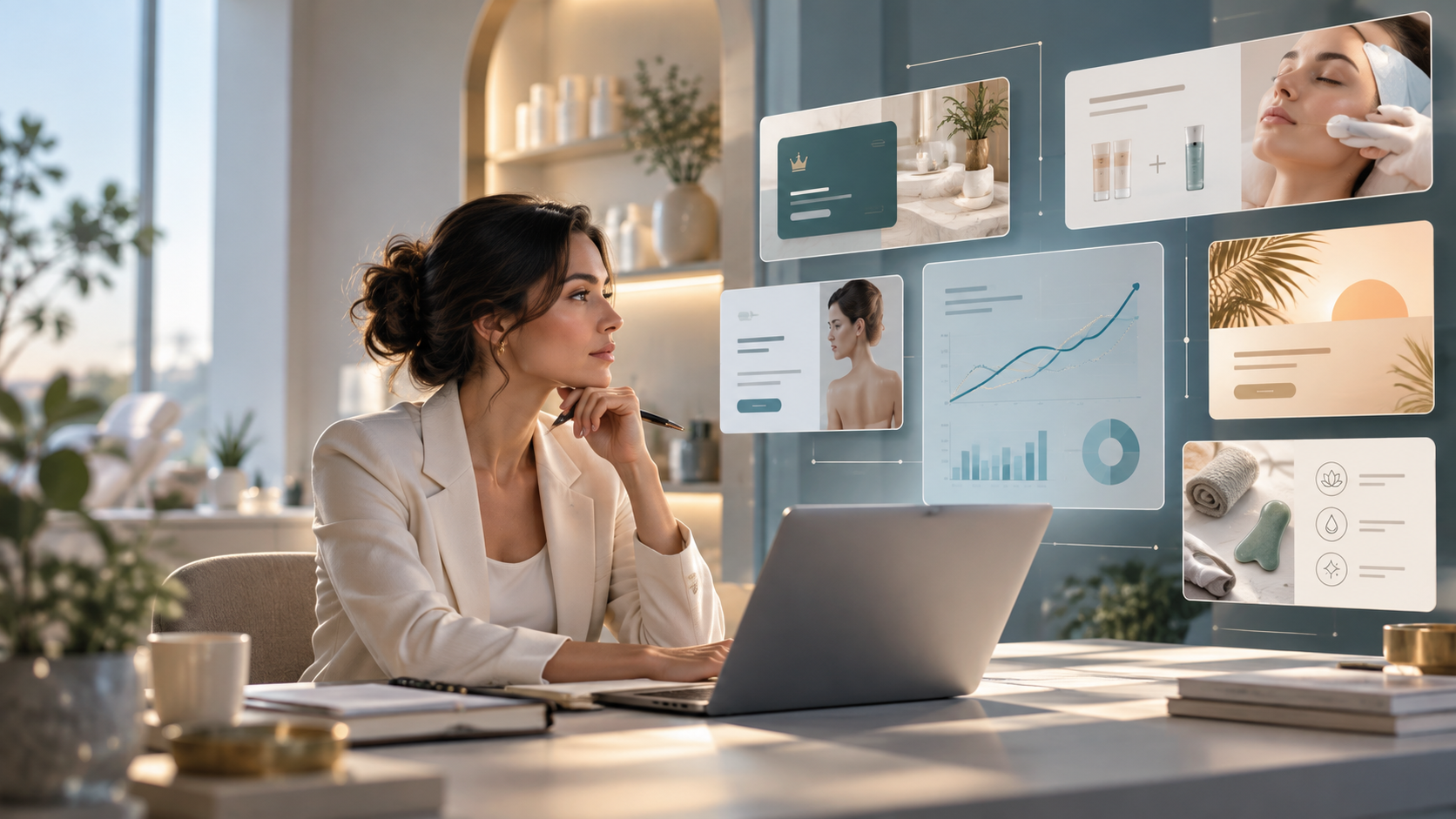 Competitor Promotion Signals — Reading the Strategy Behind the Price A business leader at a desk in a modern clinic office studies a floating dashboard of promotional signals, including membership offers, packages and treatment options.