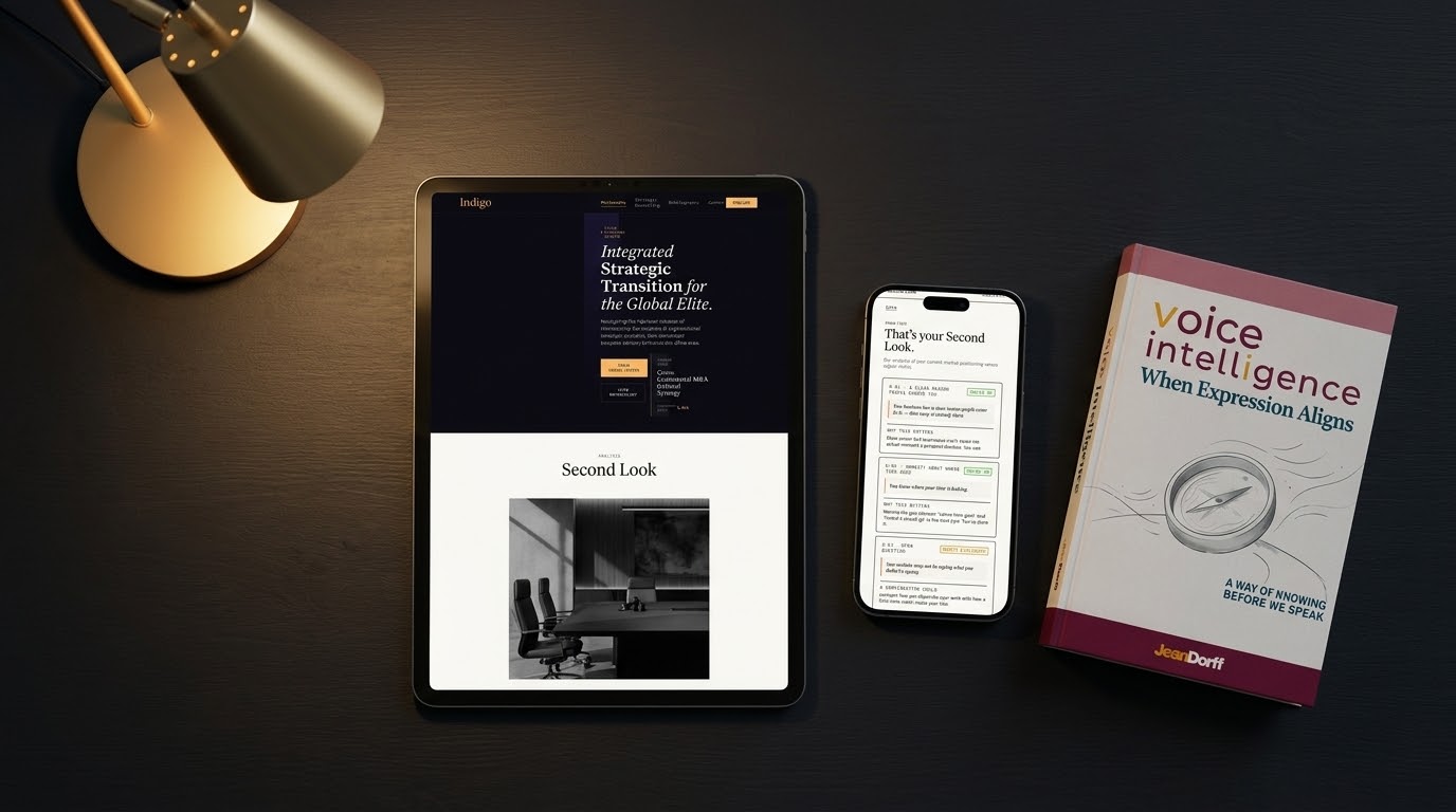 Jean Dorff Consultancy homepage on a tablet, Second Look diagnostic results on a phone, and the Voice Intelligence book arranged on a dark desk with warm gold lighting — strategy, tools, and published authority