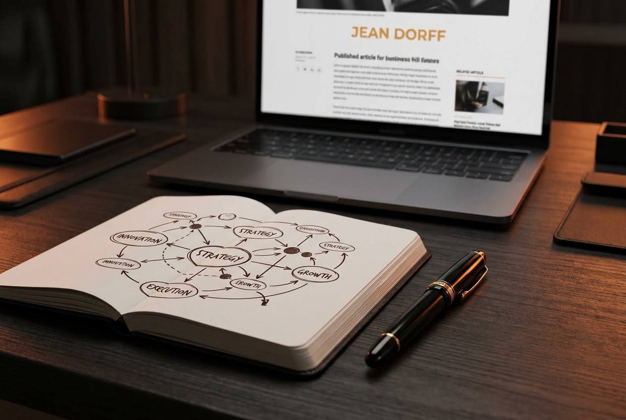 Open notebook with a hand-drawn strategy framework diagram beside a laptop showing a published article by Jean Dorff — codification of expertise into structured intellectual property