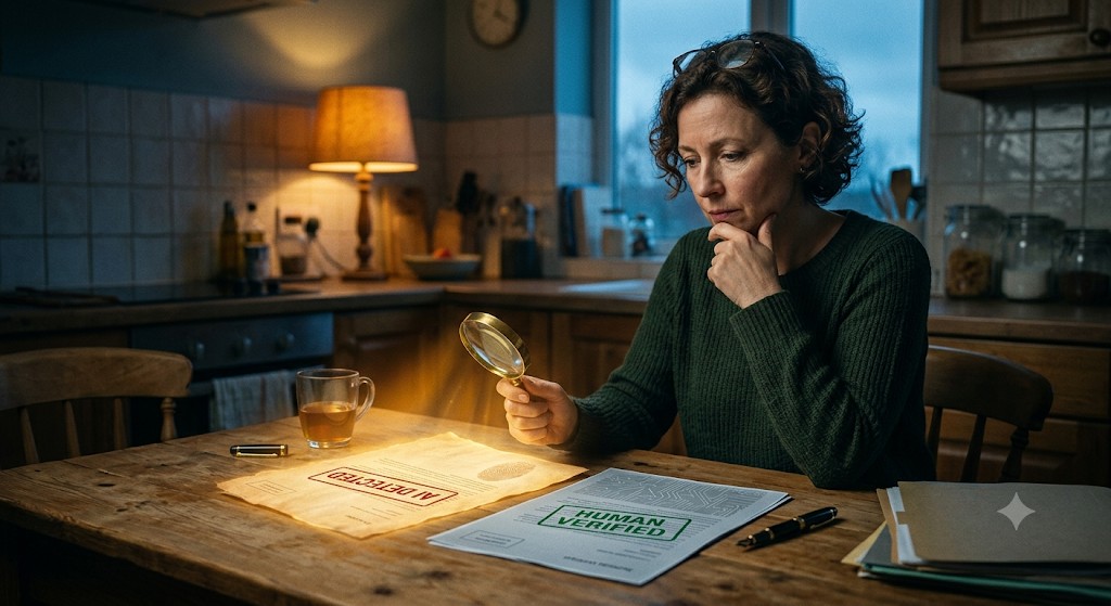 A focused female psychologist sits at a wooden kitchen table, using a magnifying glass to compare two documents with opposing light and stamps: one warm glowing parchment marked 'AI DETECTED' with a fingerprint, the other sterile grey paper marked 'HUMAN VERIFIED' with circuit patterns. The scene is lit by warm ambient light and moody shadows.