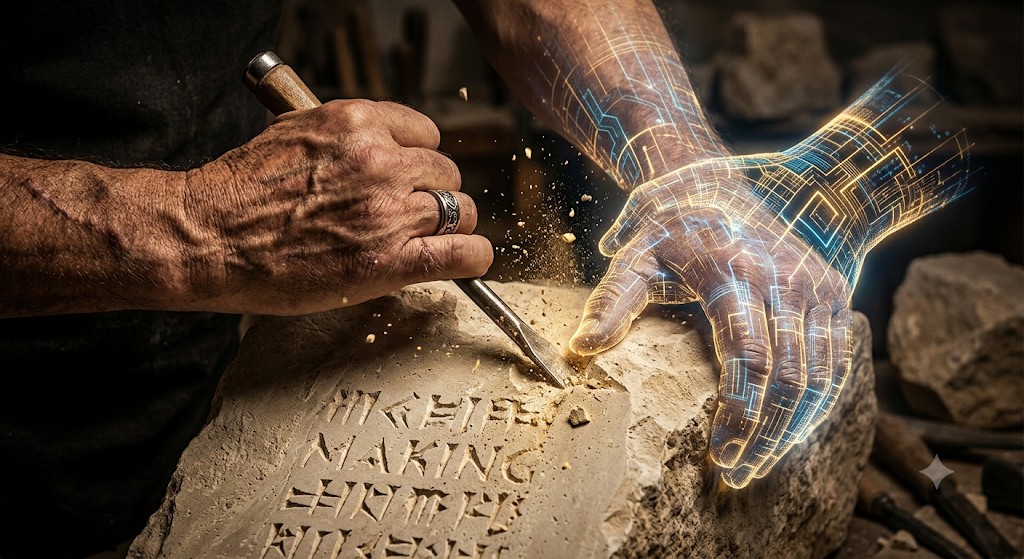 Close-up photograph of a weathered human hand using a chisel on stone, collaborating with a translucent, glowing digital AI hand that supports the work.