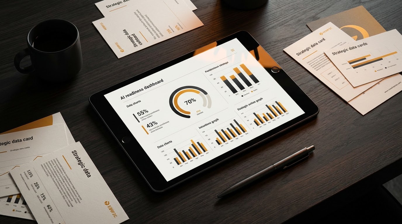 AI readiness dashboard displayed on a tablet surrounded by strategic data cards on a dark desk — business operations assessment for AI integration