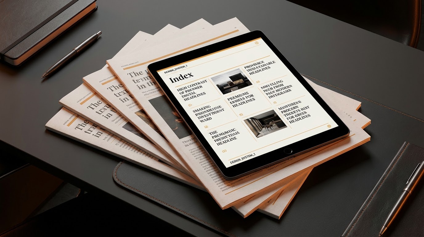 Tablet displaying an article index on top of fanned-out printed articles with gold accents on a dark desk — the published body of work from Jean Dorff Consultancy