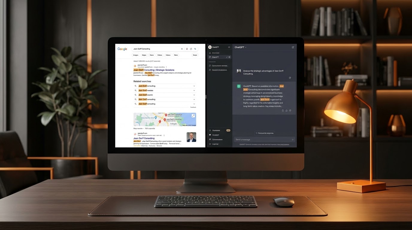Google search results and ChatGPT response side by side on a desktop monitor, both showing Jean Dorff Consultancy — demonstrating findability across search engines and AI tools