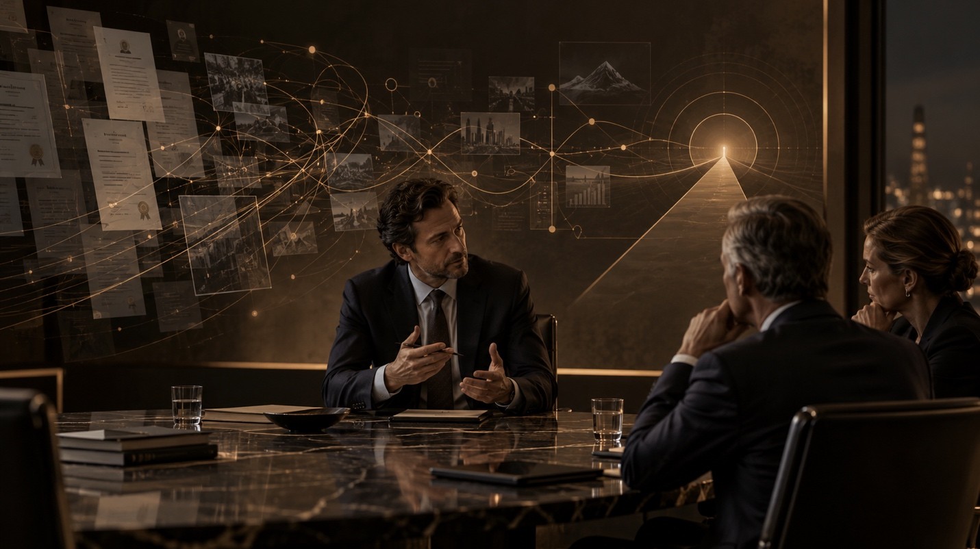 Senior leaders in a boardroom discussing strategy as complex information converges into a clear direction.