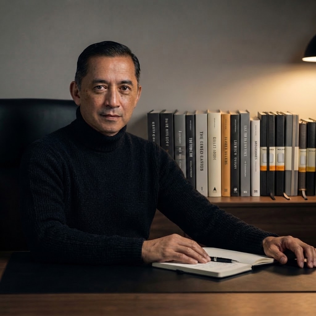 Jean Dorff, strategist and founder of Jean Dorff Consultancy, at his desk with books and an open notebook — more than thirty years in business strategy
