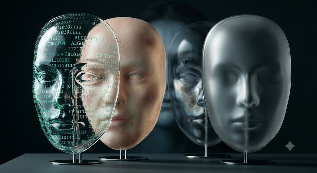 A dramatic editorial photograph featuring three sculptural, translucent glass masks stacked sequentially. The left mask features digital data and code patterns, the middle mask has artificial skin texture, the right mask is smooth and featureless. The masks distort and flatten, with a faint human silhouette visible behind them.