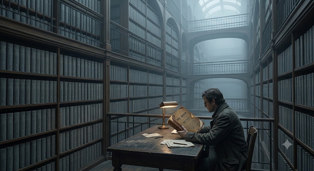 A solitary person sits at a desk under a lamp in a colossal, fog-filled multi-story library, reading a unique handwritten book. Thousands of identical grey volumes pack the oppressive shelves.